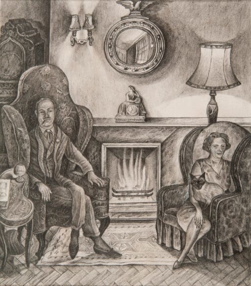 Parents by the Fire, Anne Howeson artist, pencil on paper, 1979