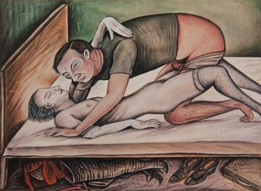 Figures on a Bed, Anne Howeson artist, gouache on paper, 1981