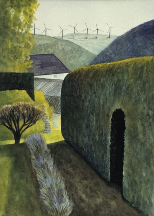 Hedge and Windfarm, Anne Howeson artist, gouache