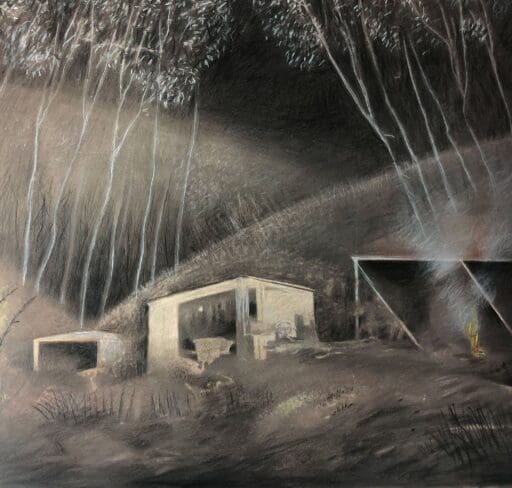 A Shed and a House, Anne Howeson artist, conté crayon photograph, 2022