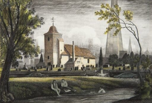 St Pancras Old Church and the Fleet River, Anne Howeson artist, digital print and gouache, 2013