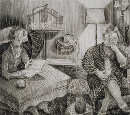 Two Ladies in Dressing Gowns, Anne Howeson artist, pencil on paper